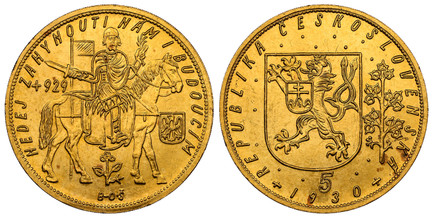 1080282 CZECHOSLOVAKIA. Republic. (1918-1939). 1930 AV 5 Ducats. NGC MS64.  By J. Benda (Obv.) & O. Spaniel (Rev.). Kremnitz. Edge: Milled. Czech lion with Slovak shield, denomination and date below / Duke Wenceslas (Vaclav) on horseback right. KM...
