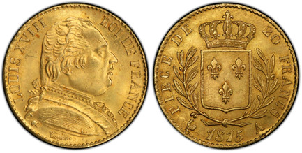 1080359 FRANCE. Louis XVIII. 1815-A AV 20 Francs. PCGS MS65+.  By Tiolier. Paris. LOUIS XVIII ROI DE FRANCE. Uniformed bust right / Crowned arms within wreath. KM 706.1; Gadoury 1026.

Please use this link to verify the PCGS certification number <...