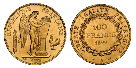 1080363 FRANCE. 1899-A AV 100 Francs. NGC MS64.  Paris. Edge: DIEU PROTEGE LA FRANCE. Standing Genius writing the Constitution, rooster on right, fasces on left / Denomination above date within circular wreath. KM 832; Fr.-590; Gadoury 1137.

From...