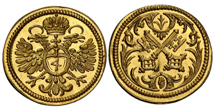 1078640 GERMAN STATES. Regensburg. Karl VI. (Kaiser, 1711-1740). (c.1740) (Wing) Johann Michael Federer (Mintmaster, unsigned) AV 1/4 Ducat. NGC MS67✭.  0.83gm. Crossed keys / Crowned imperial double-headed eagle with denomination in oval shield o...