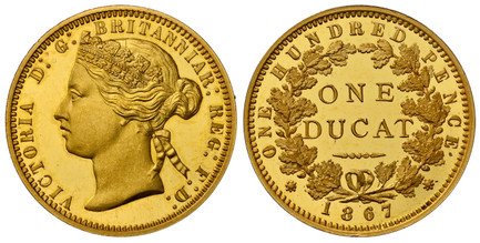 1077911 GREAT BRITAIN. Victoria. (Queen, 1837-1901). 1867 AV Pattern Ducat. NGC PR66✭ Ultra Cameo.  By L. C. Wyon. London mint. Edge: Plain. 3.22gm. VICTORIA D: G: BRITANNIAR: REG: F: D:. Head left / ONE HUNDRED PENCE// DUCAT. Dual denominations w...