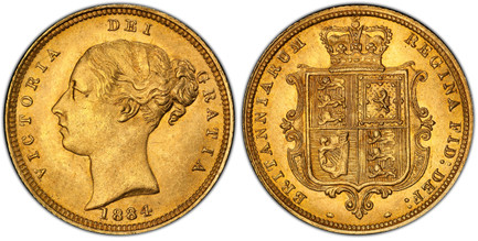 1079063 GREAT BRITAIN. Victoria. (Queen, 1837-1901). 1884 AV Half-Sovereign. PCGS MS64.  VICTORIA DEI GRATIA. Head left / BRITANNIARUM REGINA FID: DEF:. Without die number. KM 735.1; SCBC-3861; Fr.-389e; Marsh 458.

Please use this link to verify ...