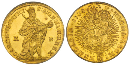 1079794 HUNGARY. Kremnitz. Karl VI. 1738-K-B AV Ducat. PCGS MS63.  Kormoczbanya. CAROL · VI · D: G: R: I:... Standing figure / PATRONA · REGNI - HUNGARIÆ · date. Radiant Madonna and child. KM 306.2; Fr.-171.
Housed in an old PCGS holder (green lab...