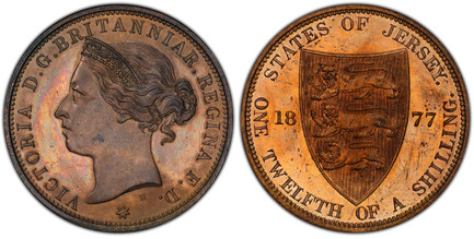1078192 JERSEY. Victoria. 1877-H AE 1/12 Shilling. PCGS SP65RB (Red-Brown).  Birminghan (Heaton)Mint. VICTORIA D.G. BRITANNIAR... Crowned head left, star below / STATES OF JERSEY... Pointed shield divides date. KM 8.

Please use this link to verif...
