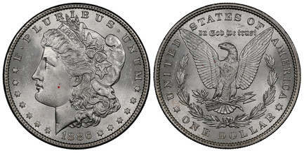 1068439 UNITED STATES OF AMERICA. 1886 AR Morgan Dollar. NGC MS64.  By George T. Morgan. U.S. Mint, Philadelphia. E.PLURIBUS.UNUM. Laureate head left, date below flanked by stars / UNITED STATES OF AMERICA. Eagle within 1/2 wreath. KM 110.

A few ...