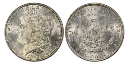 1068571 UNITED STATES OF AMERICA. 1887 AR Morgan Dollar. PCGS MS64.  By George T. Morgan. U.S. Mint, Philadelphia. E.PLURIBUS.UNUM. Laureate head left, date below flanked by stars / UNITED STATES OF AMERICA. Eagle within 1/2 wreath. KM 110.

Pleas...