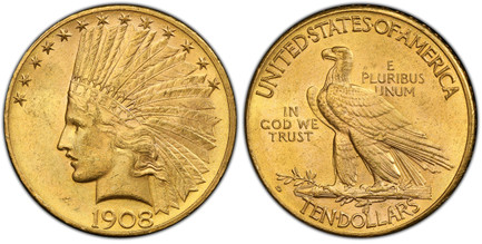 1079297 UNITED STATES OF AMERICA. 1908-D AV $10, Eagle. PCGS MS63.  By Augustus Saint-Gaudens. U.S. Mint, Denver. Liberty wearing Native American war bonnet, left; 13-stars above and date below / IN GOD WE TRUST left of eagle. KM 130.

We have not...