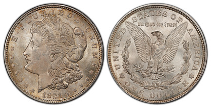 1068711 UNITED STATES OF AMERICA. 1921 AR Morgan Dollar. PCGS MS63.  By George T. Morgan. U.S. Mint, Philadelphia. E.PLURIBUS.UNUM. Laureate head left, date below flanked by stars / UNITED STATES OF AMERICA. Eagle within 1/2 wreath. KM 110.

Pleas...