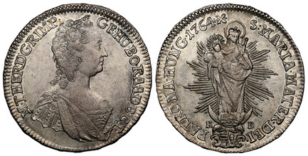 1080974 HUNGARY. Maria Theresia. 1764 AR 1/2 Thaler. NGC AU58.  Kremnitz mint. M · THER · D: G · R · IMP · - GE · HU · BO · R · A · A · D · B · C · T ·. Bust right / S · MARIA · MATER · DEI... Radiant Madonna and child. KM 370; Eypeltauer 264.
Ex ...