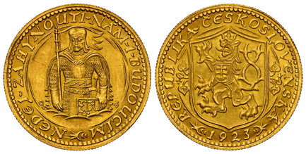 1080459 CZECHOSLOVAKIA. First Republic. (1918 - 1938/39). 1923 AV Ducat. NGC MS64.  By J. Benda (Obv.) & O. Spaniel (Rev.). Kremnitz. Edge: Milled. Czech lion with Slovak shield, date below / Duke Wenceslas (Vaclav) half-length figure facing. KM 8...