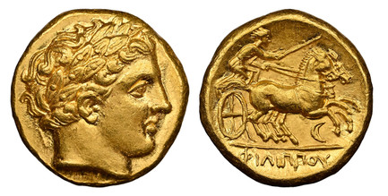 1080918 GREEK. KINGDOM OF MACEDON. Philip II. (King, 359-336 BC). Lifetime to early posthumous issue, struck 340-328 BC. AV Stater. NGC MS (Mint State) Strike 4/5 Surface 5/5.  Amphipolis mint. 17mm. 8.61gm. Laureate head of Apollo right / ΦΙΛΙΠΠΟ...