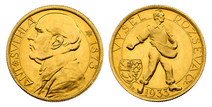 1081236 CZECHOSLOVAKIA. Republic. (1918-1939). 1933 AV Medallic Ducat. NGC MS64+.  3.44gm. ANT * SVEHLA • 1873. Bust, left / VYSEL - ROZSEVAC (SE) [987] (-). Standing male figure sowing seeds; shield of arms below left with hallmarks and fineness ...