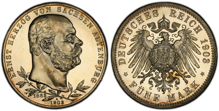 1082141 GERMAN STATES. Saxe-Altenburg. Ernst I. 1903-A AR 5 Mark. PCGS PR64 Cameo.  Berlin. Edge: GOTT MIT UNS. Head right, date and sprays below / Crowned imperial eagle with shield on breast. KM 40. Proof (Prev. Saxe-Old-Altenburg KM 147); Jaege...