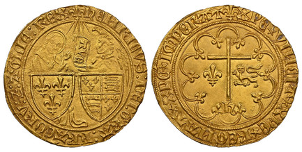 1082024 GREAT BRITAIN. ANGLO-GALLIC. Henry VI. (King, 1422-53). Second Emission (from 6 February, 1423)-(lis) AV Salut d'Or. NGC MS65.  Saint-Lô mint. 3.48gm. (lis mm) hЄИRICVS : DЄI : GRA : FRACORV : Ƶ : AGLIЄ : RЄX. The Virgin Mary standing behi...