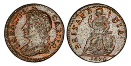 1079659 GREAT BRITAIN. England. Charles II. (King, 1660-1685). 1672 CU Farthing. PCGS MS63BN (Brown).  Bust of Charles II left / Seated Britannia. KM 436.1; SCBC-3394.

Please use this link to verify the PCGS certification number <a href="http://w...
