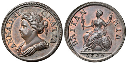 1078444 GREAT BRITAIN. Anne. (Queen, 1702-1714). 1714 CU Pattern Farthing. NGC MS63.  Tower (London) mint. Draped bust left / Britannia seated left. KM 537; SCBC-3625; Peck 741.

Please use this link to verify the NGC certification number <a href=...