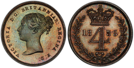 1082100 GREAT BRITAIN. Victoria. (Queen, 1837-1901). 1838 AR Maundy Set. PCGS PL65-PL64 (Prooflike).  Head left / Crowned denomination divides date within wreath. KM MDS86; SCBC-3916.

Grades as follows: PCGS PL65 (Fourpence); PCGS PL65 (Threepenc...