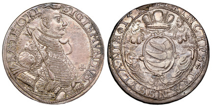 1081896 HUNGARY. Transylvania. Sigismund Báthori. (Prince, 1581-1602). (1593-1596) ND AR Thaler. NGC AU58.  Large bare head armored portrait, right; holding scepter / Crowned three-horns of Transylvania within an oval shield; angel supporters to e...