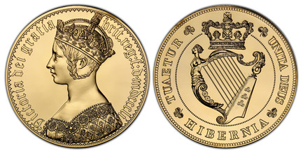 1071659 IRELAND. Hibernia. Victoria. (Queen, 1837-1901). "1851" (2008) Gilt Copper-Nickel Retro Issue Fantasy Crown. PCGS PR69.  Edge: Plain. 40gm. VICTORIA DEI GRATIA BRIT. REG: F:D. MDCCCLI. Gothic-style bust of Victoria left / TUAETUR UNITA DEU...