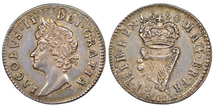1081883 IRELAND. 1690 AR 1/2 Penny. NGC PR62.  Edge: Plain. 2.21gm. Head of James II left. KM 96b. Proof; S-6591B.

Gun Money Coinage. Struck over Louis XIII French 5 Sols planchet

Please use this link to verify the NGC certification number <a hr...