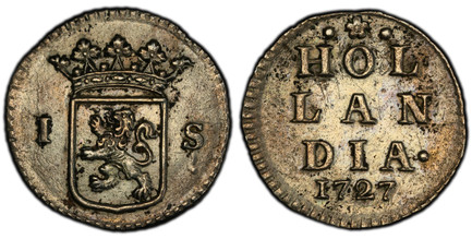 1081114 NETHERLANDS. Holland. 1727 AR Stuiver, Weapon. PCGS Genuine - UNC Details Damaged.  Crowned arms of Holland divides value. / HOL / LAN / DIA / Date). KM 85; Verk.56,5; CNM.2.28.122.

Please use this link to verify the PCGS certification nu...