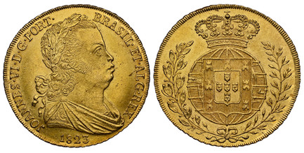 1081402 PORTUGAL. Joao VI. 1823 AV Peca, 6400 Reis. NGC MS64+.  Lisbon. 14.34gm. JOANNES · VI D · G · PORT... Laureate bust right / Crowned arms on globe within wreath. KM 364; Gomes 18.11; Fr.-128.

From a reported mintage of 27,000 pieces.

Plea...