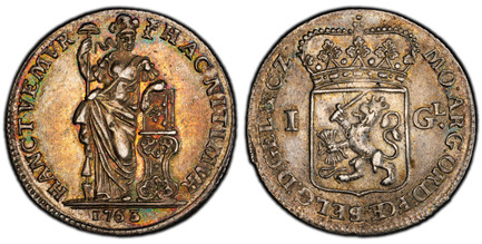 1081490 NETHERLANDS. Gelderland. 1763 AR Gulden. PCGS MS63.  MO : ARG : ORD : FOE : BELG : GEL ... Crowned arms of Gelderland divide value I-GL legend / HANC TVEMVR HAC NITIMVR. Standing figure holding pole with Liberty cap, leaning on Bible on co...