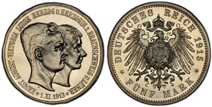 1082190 GERMAN STATES. Brunswick-Wolfenbuttel. Ernst August. 1915-A AR 5 Mark. PCGS PR64 Cameo.  Berlin. Edge: GOTT MIT UNS. U. LUNEB added. Jugate heads right / Crowned imperial eagle, shield on breast. KM 1164; Jaeger 58.

Ernst August Wedding a...