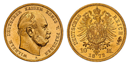 1082192 GERMAN STATES. Prussia. Wilhelm I. 1872-A AV 10 Mark. NGC MS68.  Berlin. WILHELM DEUTSCHER KAISER KONIG V. PREUSSEN. Head right / DEUTSCHES REICH. Crowned imperial eagle. KM 502.

Please use this link to verify the NGC certification number...