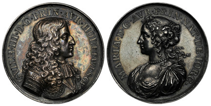 1082600 GREAT BRITAIN. William III, of Orange. (King, 1689-1702). (1677) ND AR Medal. NGC AU58.  By Nicholas Chevalier. Edge: Plain. GVILH. III. D. G. PRIN. AVR. HOL. ET. WES. GV. Armored bust of William III, right / MARIA. D. G. AVR. PRIN. NAT. D...