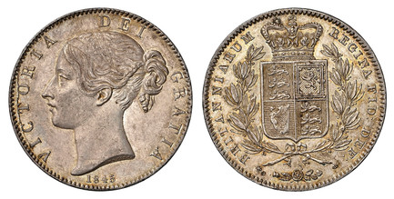 1081861 GREAT BRITAIN. Victoria. (Queen, 1837-1901). 1845 AR Crown. NGC MS62.  London. Edge: Cinquefoil. VICTORIA DEI GRATIA. Head left / BRITANNIARUM REGIBA FID: DEF:. Crowned arms within branches. KM 741; SCBC-3882; ESC-2564 (Prev. ESC-282); Dav...