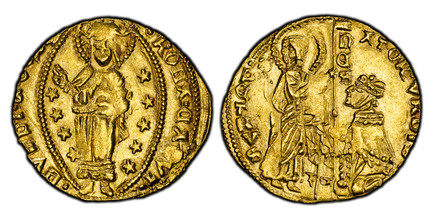 1082160 ITALIAN STATES. Papal States. Roman Senate. (1184-1439). (1350-1439) ND AV Ducat. PCGS MS62.  3.54gm. • S • PЄTRVSSЄnΛTOR • VRBIS •. St. Peter standing right presenting banner to kneeling senator / • ROMΛ • CΛPVT • MVnDI • SPQR •. Christ s...