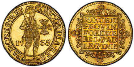 1082319 NETHERLANDS. Holland. 1765 AV 2 Ducats. PCGS AU58.  Edge: Reeded. 6.95gm. CONCORDIA · RES  PAR · CRES · HOL ·. Standing, armored knight holding bundle of arrows, divides date within broken circle / MO:ORD:/ PROVIN./ FOEDER/ BELG·AD/ LEG·IM...