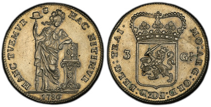 1080755 NETHERLANDS. Utrecht. 1786-(Shield) AR 3 Gulden, 60 Stuiver. NGC MS62.  By Johan van Romond (Mintmaster) and Pieter van Cuylenburgh (Engraver). Utrecht. Edge: Reeded. MO : ARG : ORD : FOED : BELG · TRAI ·. Crowned arms of Utrecht divide va...