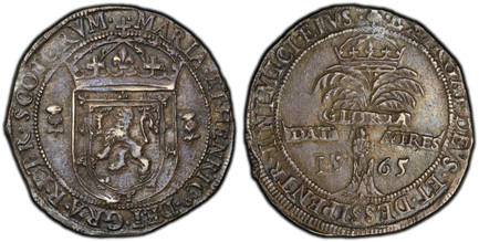 1082048 SCOTLAND. Mary with Henry Stuart, Lord Darnley. (Queen of Scots, 1542-1587). 1565 AR 1/3 Ryal. PCGS AU55.  Edinburgh Mint. • EXVRGAT • DEVS • ET • DESSIPENTR • INIM•ICI • EIVS • . Tortoise climbing a crowned palm tree with motto DAT GLORIA...