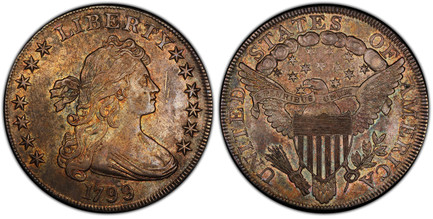 1082460 UNITED STATES OF AMERICA. 1799 AR Dollar. PCGS AU55.  U.S. Mint, Philadelphia. LIBERTY. Draped bust right, flanked by stars, date below / UNITED STATES OF AMERICA. Heraldic eagle. KM 32. perfect date, 7- and 6-star obverse, small berries; ...