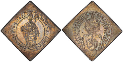 1082616 AUSTRIAN STATES. Salzburg. Paris von Lodron. (Prince-Archbishop, 1619-1653). 1652 AR Klippe 1/4 Thaler. PCGS MS61.  7.21gm. St. Rupert with salt cellar and crosier standing in inner circle; denomination and shield of arms each in a cartouc...