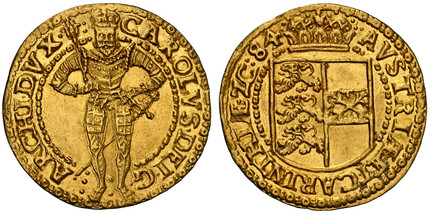 1081793 AUSTRIA. Karl II. 1584 AV Ducat. NGC MS61.  Klagenfurt. 3.41gm. CAROLVS · DEI · G · - ARCHI · DVX ·. Full-length crowned and armored figure / AVSTRIÆ · ET CARINTHIÆ · ZC ·. Crowned shield of Carinthia arms, date at end of legend. MB 604; F...