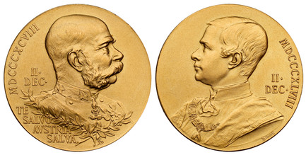 1082923 AUSTRIA. Franz Joseph I. (Emperor, 1848-1916). 1898 - MDCCCXCVIII AV Medal of 4 Ducats Weight. NGC MS67.  By A. Scharff. 25mm. 13.91gm. MDCCCXCVIII// II ·/ DEC ·// TE/ SALVO/ AVSTRIA/ SALVA. Older uniformed bust of Franz Josef right, set o...