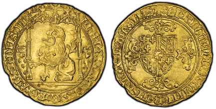1082659 BELGIUM. Brabant. Philip the Good. (King, 1430-1467). (1430-1467) ND AV Lion d'Or. PCGS MS63.  Mechelen. 4.24gm. Lion seated left under Gothic arch, flint and flames to either side / Quartered shield of arms over floral cross. Delmonte 65;...
