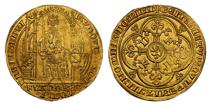 1077296 BELGIUM. Flanders. Louis II de Mâle. (Count, 1346-1384). (1346-84) AV Flanders d'Or. NGC MS63.  Ghent. L-VDOVIC´o DЄI G' o COM Ƶo|DnS:FLANDRI Є. Count bearing sword standing on a Gothic dais with a shield and helmet to either side, his man...