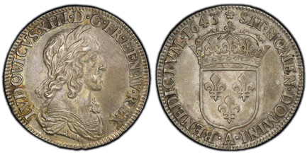 1082932 FRANCE. Louis XIII. (King, 1610-1643). 1643-A Rose AR 1/4 Ecu. PCGS MS62.  Paris. Laureate, draped and mailed bust right / Crowned shield of arms. KM 134.1; Gadoury 48.

Please use this link to verify the PCGS certification number <a href=...