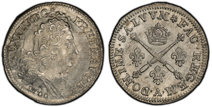 1081396 FRANCE. Louis XIV. 1706-A AR 10 Sols-1/8 Ecu. PCGS MS64.  Paris. LVD · XIIII · D · G · FR · ET · NAV · REX ·. Draped bust right / DOMINE SALVVM FAC REGEM. Crown above crossed scepter and hand of Justice, 3 fleur-de-lis in angles. KM 349.1;...