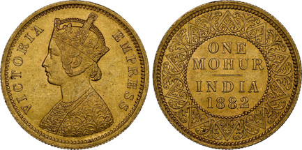 1083014 INDIA-BRITISH. Victoria. (Queen, 183-1901). 1882-C AV Mohur. NGC MS62.  Calcutta. VICTORIA EMPRESS. Crowned bust left / Value and date within beaded circle and wreath. KM 496; Pridmore 14; S&W-6.11.

Please use this link to verify the NGC ...