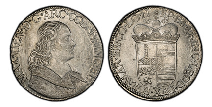 1082205 BELGIUM. Liege. Maximiliaan Hendrik van Beieren. (Prince-Bishophric, 1650-1688). 1663-(rosette) AR Patagon. PCGS MS63.  Liège mint. 39mm. 27.80gm. MAX • H(EA)N • D • G • ARC • COL • PRIN(C) • E(LR) •. Bust of Maximilian Henry, right ...