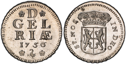 1082717 NETHERLANDS. Gelderland. 1756-(crane) AR Off-metal 1/2 Duit. PCGS MS64.  Harderwijk mint. Edge: (Cabled). 11.73gm. Province name in three lines, date below. Privy mark below date flanked by two flowers / Crowned shield of Gelderland arms. ...