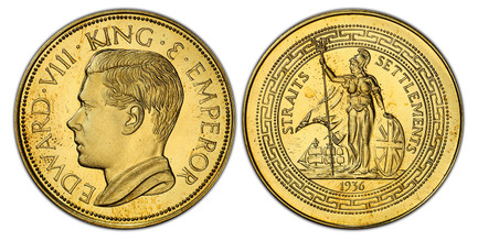 1070713 STRAITS SETTLEMENTS. Edward VIII. "1936" Brass Medallic Crown or Fantasy. PCGS PR65.  Richard Lobel Issue. Edge: Plain. EDWARD · VIII · KING · & · EMPEROR. Bust left / Britannia standing with trident and shield; sailing ship lower left; da...