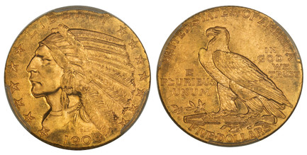1083039 UNITED STATES OF AMERICA. 1909-D AV $5, Half Eagle. PCGS MS64 CAC.  By Bela Lyon Pratt. U.S. Mint, Denver. LIBERTY. Stylized Native American portrait wearing a full headdress encircled by 13 stars, date below / UNITED STATES OF AMERICA// E...