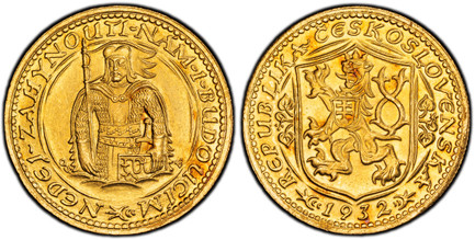 1082675 CZECHOSLOVAKIA. Republic. (1918-1939). 1932 AV Dukat. PCGS MS65.  By J. Benda (Obv.) & O. Spaniel (Rev.). Kremnitz. Edge: Milled. 3.44gm. Czech lion with Slovak shield, date below / Duke Wenceslas (Vaclav) half-length figure facing. KM 8 (...