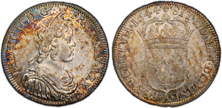 1083643 FRANCE. Louis XIV. (King, 1643-1715). 1644-A (Rose between two points) AR 1/2 Ecu. PCGS AU55.  By Jean Warin. Paris. LVD. XIIII. D. G. FR. ET. NAV. REX. Laureate, draped and mailed bust, right / .SIT. NOMEN. DOMINI. - A - .BENEDICTVM. 1644...